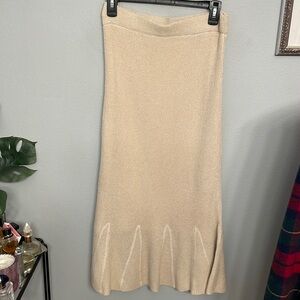 Beyond Threads Khaki Colored Gilded Knit MIDI Skirt size S